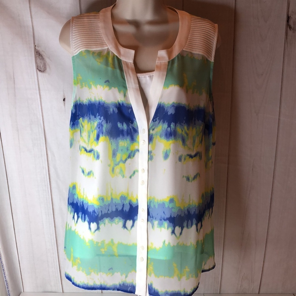 Catherine Malandrino Blue White Yellow Mint Sleeveless Sheer Top w Cami size 8